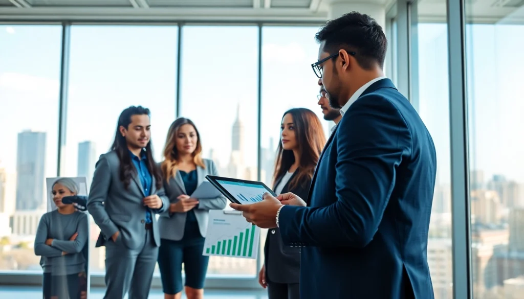 Illustration of growth strategy trends featuring a diverse team brainstorming in a modern office