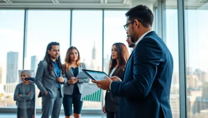 Illustration of growth strategy trends featuring a diverse team brainstorming in a modern office