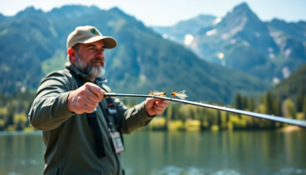 Cast a vibrant fly while fly fishing for bass at a picturesque lake.