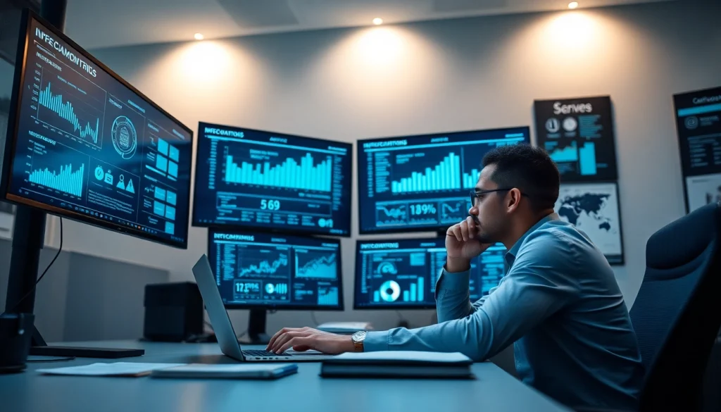 Infosec workspace with data analytics on multiple screens, reflecting cybersecurity expertise.