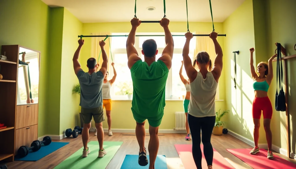 Individuals using resistance bands for pull-ups in a vibrant home gym setting.