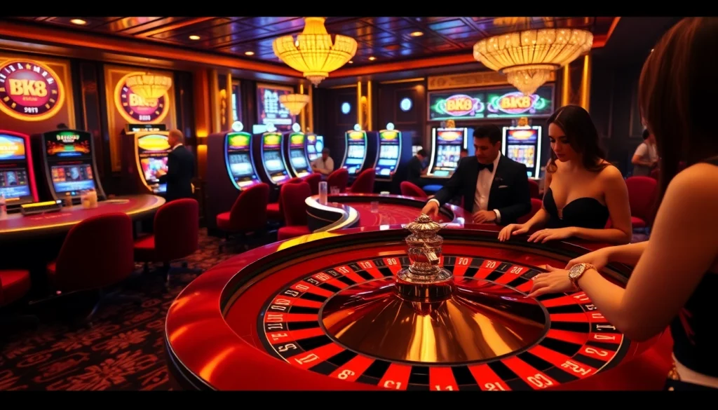 Excited players placing bets at a luxurious BK8-branded roulette table in a vibrant casino.