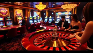 Excited players placing bets at a luxurious BK8-branded roulette table in a vibrant casino.