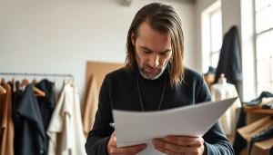 Rick Owens mission statement illustrated through a creative designer surrounded by unique fabric designs.