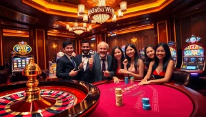 Rasakan sensasi Datuk Win di kasino mewah, dengan para pemain terlibat di sekitar meja.