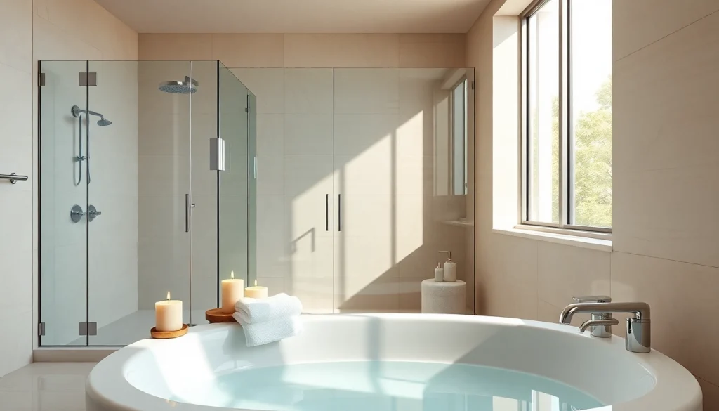 Stylish glass shower doors enhancing a serene bathroom ambiance with modern design elements.