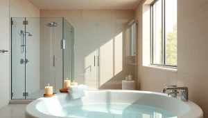 Stylish glass shower doors enhancing a serene bathroom ambiance with modern design elements.