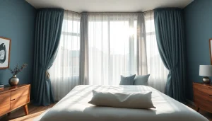 Geniet van verduisterende gordijnen die een rustige en serene slaapkamer creëren.