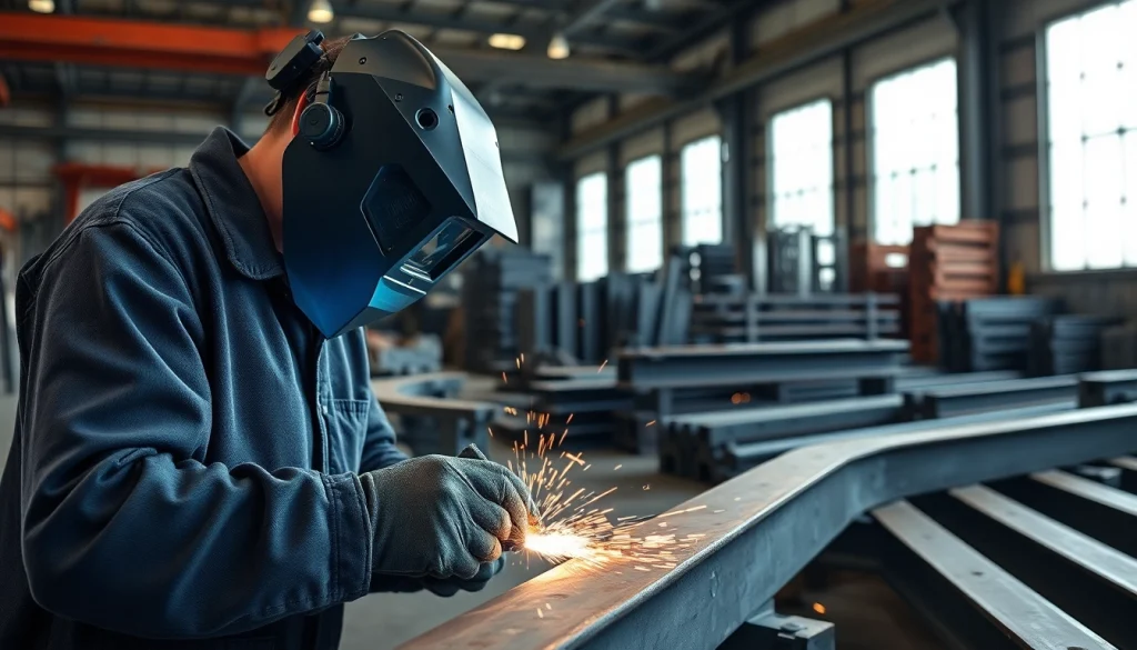 Welder performing structural steel welding with sparks flying in an industrial workshop.