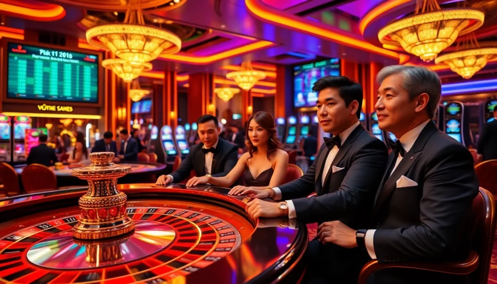 Gambling excitement unfolds at the trang chủ kjc with players engaged at roulette tables.