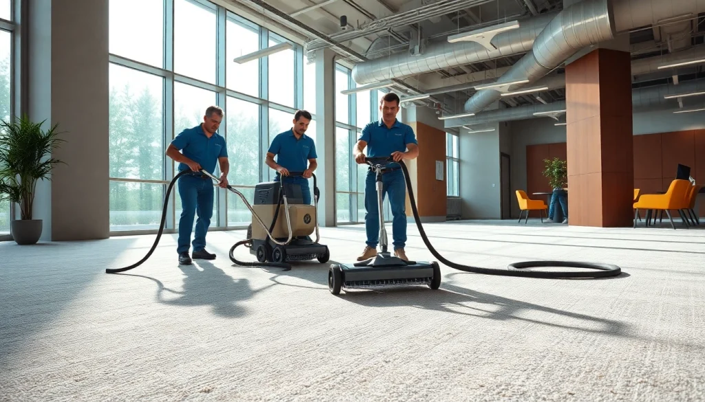 Expert team conducts commercial carpet cleaning in an office setting with advanced equipment.