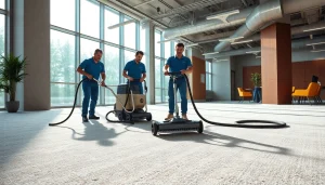 Expert team conducts commercial carpet cleaning in an office setting with advanced equipment.
