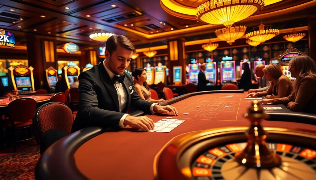 Engaging gambling scene at a casino with players focusing on table games from https://debet23.com/.