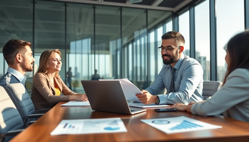 Crisis management consultant leading strategic discussions in a modern office setting.