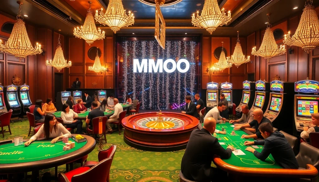 Experience excitement at a casino with "MMOO" prominently displayed, showcasing roulette, poker, and vibrant players.