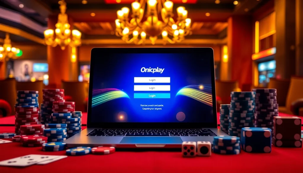 Image illustrating an onicplay login interface amidst vibrant casino elements like poker chips and cards.