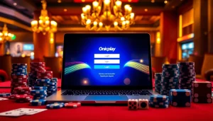 Image illustrating an onicplay login interface amidst vibrant casino elements like poker chips and cards.
