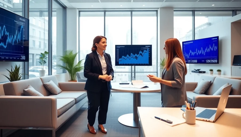 Konsultacja z klientem w sprawie Usług Księgowych w nowoczesnym biurze rachunkowym, z Marzeną Owczarzak i wykresami finansowymi.