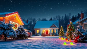 Enchanting holiday lighting illuminating a cozy house during winter nights.