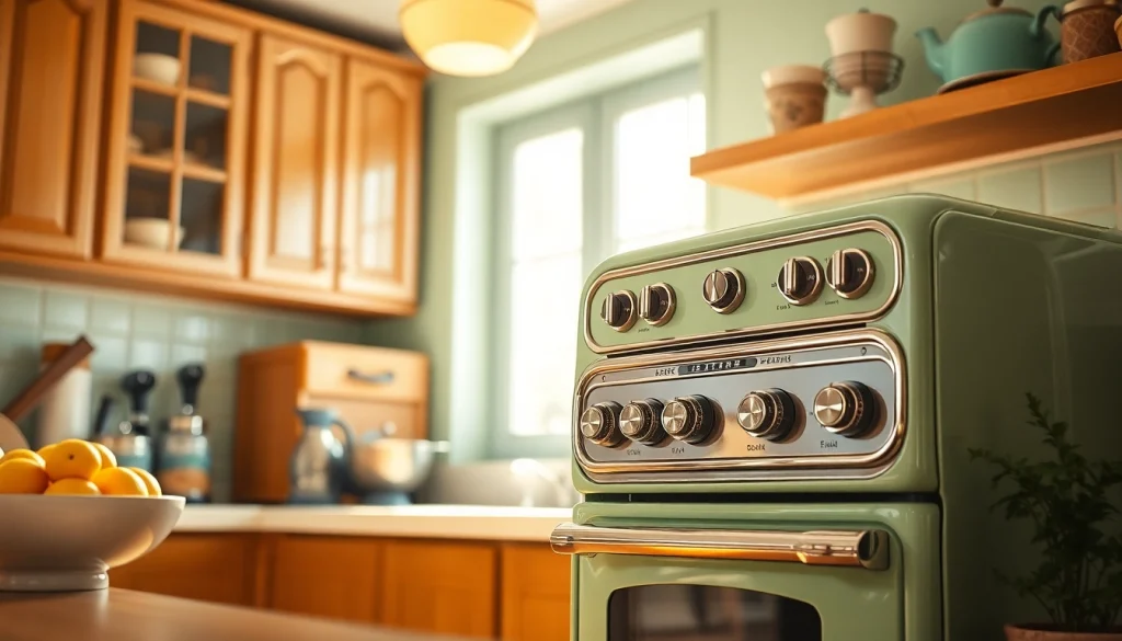 Retro Oven showcased in a bright, vintage kitchen with charming decor and fresh herbs.