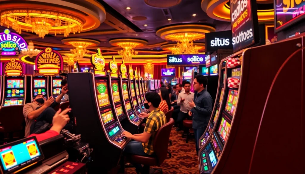Enjoying the excitement at a situs slot gacor casino, players engage joyfully with colorful slot machines.