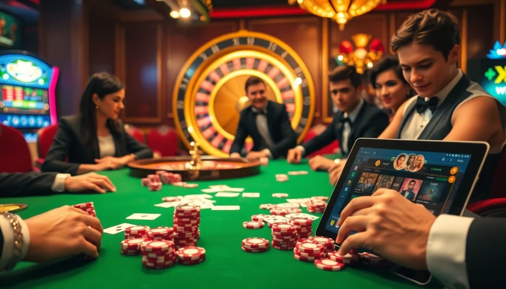 Experience high-stakes poker at mm88.br.com with vibrant chips, a roulette wheel, and engaging players.