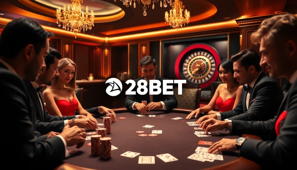 Players intensely strategizing in a high-stakes poker game at 28BET's luxurious casino.