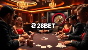 Players intensely strategizing in a high-stakes poker game at 28BET's luxurious casino.
