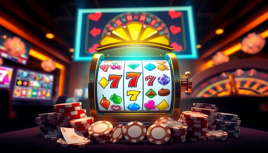 Playing the idnslot online slot machine amidst vibrant casino ambiance with poker chips and cards.