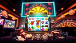 Playing the idnslot online slot machine amidst vibrant casino ambiance with poker chips and cards.