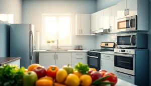 Showcase of modern home appliances in a vibrant kitchen setting, highlighting their design and functionality.