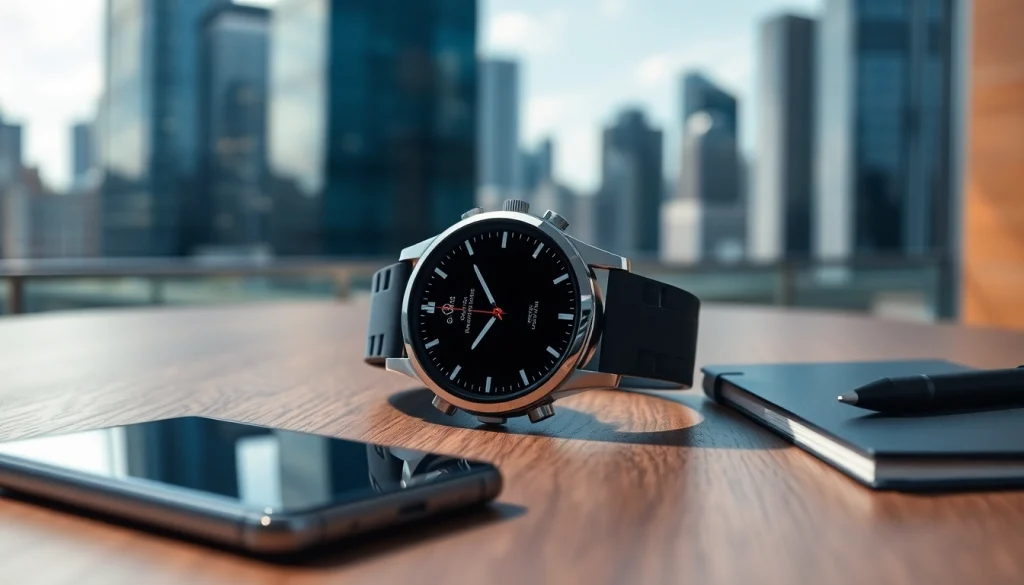 Showcasing the Finesse Smart Watch on a wooden table against a blurred city skyline background.