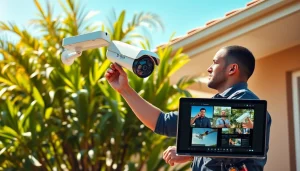 Instalación de cámaras de seguridad en Liberia por un técnico en un sitio residencial, mostrando tecnología de seguridad avanzada.