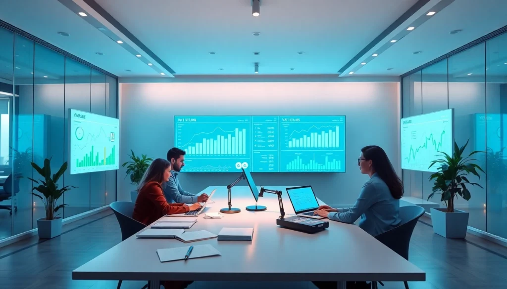 VAT Return Filing in UAE: Business professionals collaborating in a modern office on financial strategies.