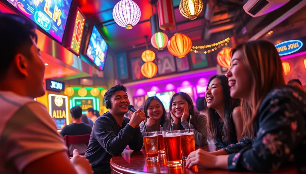 제주도 유흥을 보여주는 역동적인 노래방 장면, 제주에서 활기찬 나이트라이프를 즐기는 고객들.