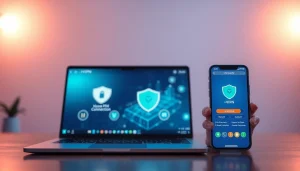 在笔记本电脑和智能手机上的快连VPN应用界面，展示友好的设计。