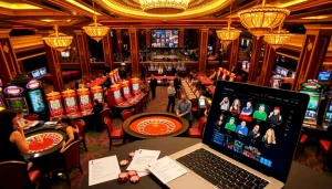 Scène captivante de joueurs profitant du casino en ligne Français avec des machines à sous vibrantes et des tables de roulette.