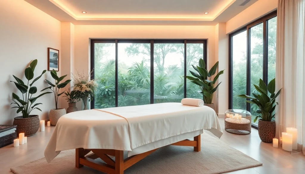 편안한 분위기와 진정시키는 장식이 있는 휴식 마사지 치료실