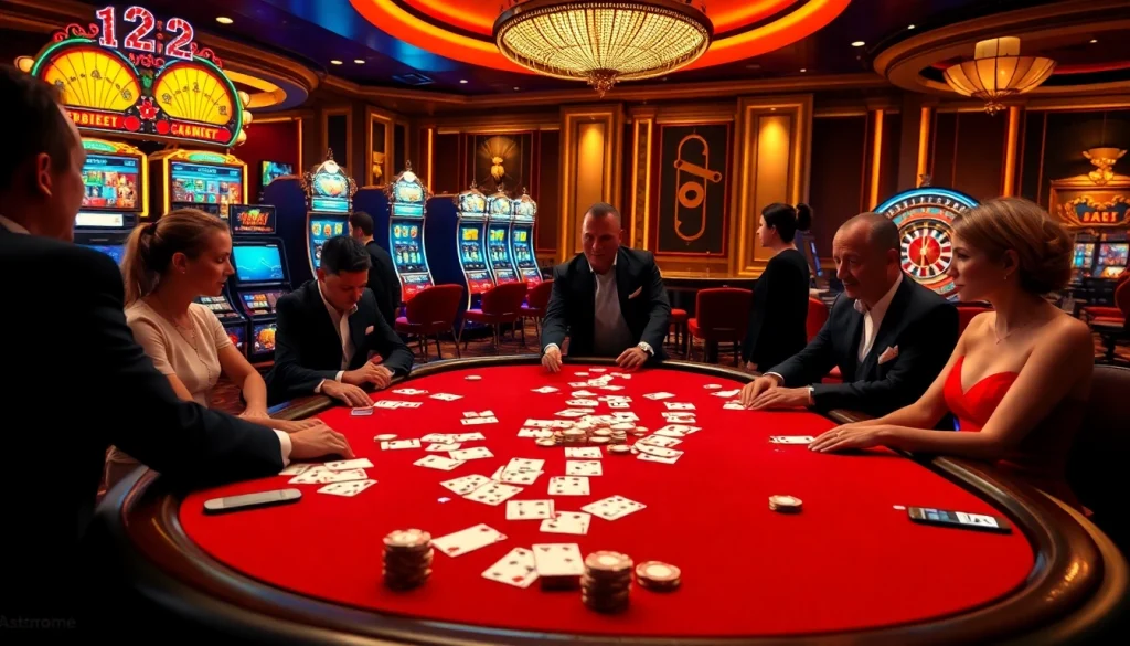 Engaged players strategize at a SHBET poker table in a luxurious casino atmosphere.