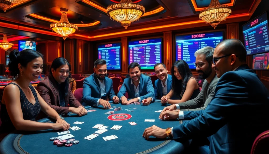 Experience sbobet link alternatif action as players enjoy a thrilling poker game surrounded by vibrant casino elements.