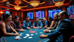 Experience sbobet link alternatif action as players enjoy a thrilling poker game surrounded by vibrant casino elements.