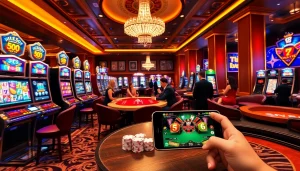Engage in the thrill of PG Soft gaming at a luxurious casino with slot machines and poker tables.