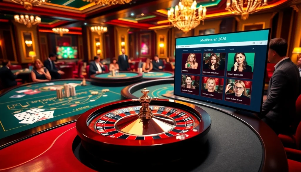 Participez à l'excitation du meilleur casino en ligne 2026 à une table de casino luxueuse avec des joueurs et des écrans lumineux.