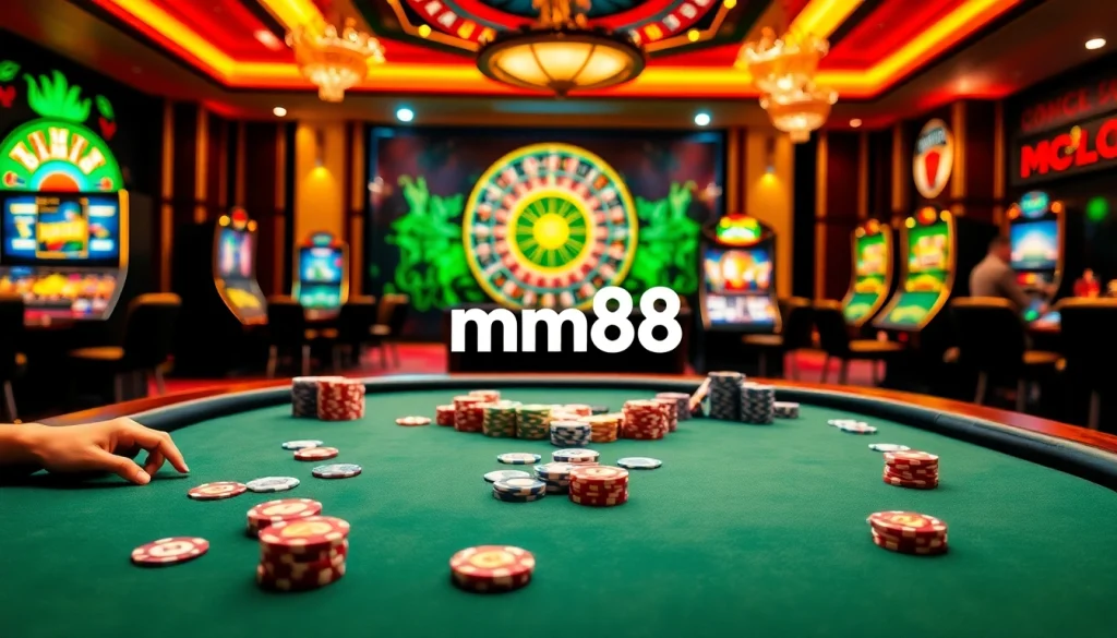 Experience a thrilling Poker game at mm88 casino with colorful chips and dynamic gameplay.