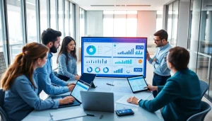 Data analysts discussing b2b competitive intelligence metrics in a modern office.